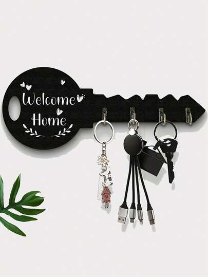 1pc Fashionable Black/White Key Rack - Wall Mounted Storage Rack With Decorative Hooks Suitable For Outerwear, Hats, Etc. - Rust Proof Entry Or Corridor Organizer Key Hook Wall Home Decoration Entrance Retro Keychain Wooden Craft Pendant, Chic Rural Wooden Key Rack With Rack And Hook - Easy To Install, Space Saving Wall Mounted Key, Outerwear And Other Storage Racks - Very Suitable For Entrances, Kitchens, Offices, Key Hangers