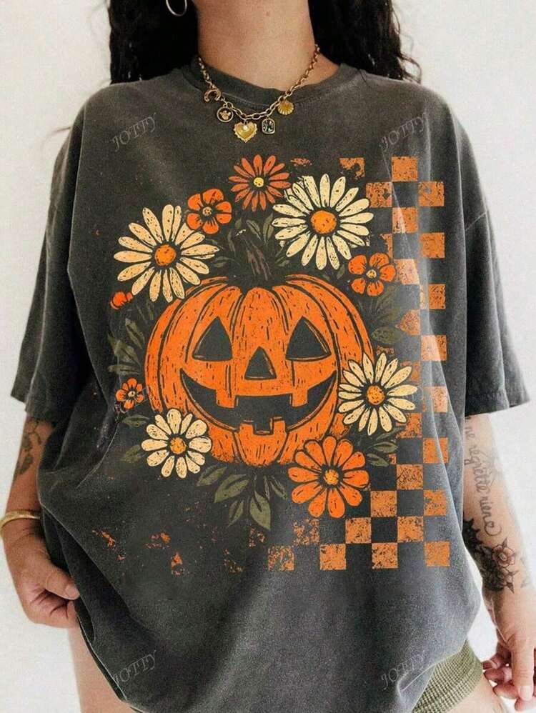 Halloween Pumpkin Devil Vintage T-Shirt, Nightmare Before Christmas Themed, Oversized Loose Fit Round Neck Short Sleeve T-Shirt For WomenLoose And Comfortable - Màu xám đen - Xem 6