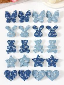 10pcs Random Blue Tone Rhinestone Glitter Fashion Hair Clips With Star, Rabbit, Butterfly, Bear, Heart Fabric Decor, Cute Girl Daily & Party Hair Accessories - Multicolor - View 3