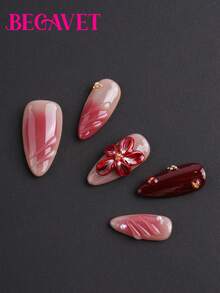 BEGAVET 10pcs Handmade Salon Quality Nail Art Fall&Winter Nails Press On Nails Red Nails 3D Carved Flower Long Almond Exclusive Design 3D Nails With 3D Charms, Suitable For Parties/Music Festival And Daily Wear - Redwood - View 2