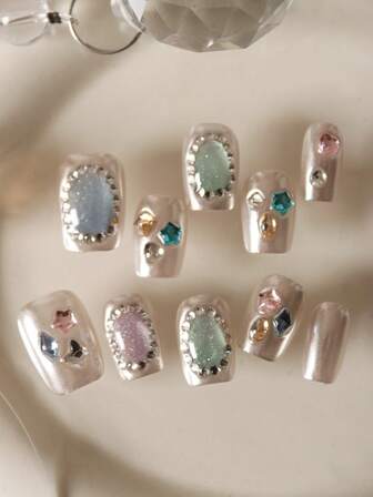 XEERCOOU 10pcs Press On Nails Short Silvery Mirror Surface Colored Diamonds Love Sparkling Purple Blue Office DailyWear False Nails Artificial Nails Kit Includes 1sheet Adhesive Tabs &1 Pc Mini File