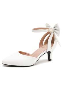 MAIERNISI JESSI Women's Wedding Evening Party Bow Kitten Heels Pumps Ankle Strap Buckle Dress Shoes - 白色霧面 - 查看 2