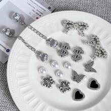 16 Silver Heart-Shaped Chain Shoes Charm, Sparkling Rhinestone Bow Dollar Shoe Decoration, DIY Detachable Artificial Bead Shoe Accessories, Mutlifunction Flower Butterfly Shoe Clip Decoration Women's Sandals And Slippers, Birthday Party Gifts