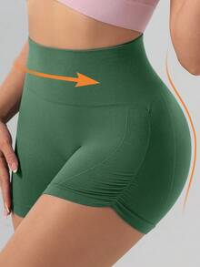 1 件女式加大码纯色紧身骑行短裤，无缝舒适高腰塑形提臀健身瑜伽短裤 - 軍綠色 - 查看 3