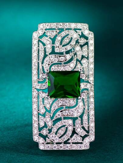 1pc Fashionable Women's Brooch, Silver-Plated With Large Cubic Zirconia Emerald Gemstone Dress Accessory