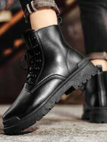 Herren modische High-Top Rund Zeh Knöchel Stiefel, dicke Sohle, abriebfest, Vintage Lässig Stil, geeignet für Große Größen, Winter Outdoor - Schwarz - Übersicht 4