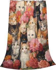 Adorable Cat Blanket Gift For Floral Enthusiasts Girls Ladies Cat Flower Flannel Throw Blanket For Home Sofa Bed Couch Soft Christmas Lightweight Decor All Seasons 60x 50inch - 海藍色 - 查看 2