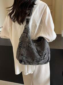 1pc Casual Retro Dark Grey Fabric Tote Bag, Large Capacity Multi-Pocket Shoulder Messenger Bag, Fashionable Unisex Zipper Closure Belt Buckle Stitching Fabric Handbag