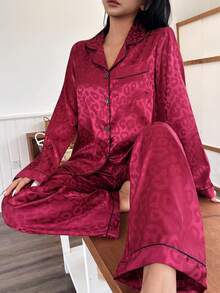 Pink Leopard Jacquard Women Long Sleeve Top & Pants Pajama Set, Winter Clothes - Burgundy - View 5
