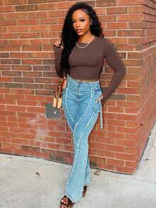 Steph T Camiseta corta de un solo color, ropa de otoño, tops con estilo universitario de manga larga para mujer