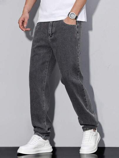Teen Boy Straight Leg Casual Jeans With Pockets, Minimalist & Fashionable