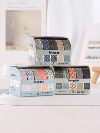 5 rollos/caja de cinta washi con patrones simples, adecuada para scrapbooking, bullet journaling, diarios de viaje, líneas divisorias y decoración de diarios, perfecta para entusiastas del DIY como una cinta adhesiva decorativa especial. Regalos para el regreso a clases, San Valentín, Halloween, Navidad, Acción de Gracias, cumpleaños, temporada de homecoming, Día de San Nicolás, Día de Reyes, Feliz Navidad. 5 rollos de cinta washi con forma geométrica de estrella.