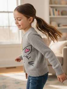 Suéter niña gris manga larga con diseño tierno de unicornio y corazón, tejido suave y cálido. Ideal para otoño e invierno, perfecto para uso diario, escuela, fiestas o regalo. Cómodo, fácil de combinar y moderno. - Gris - Ver 2