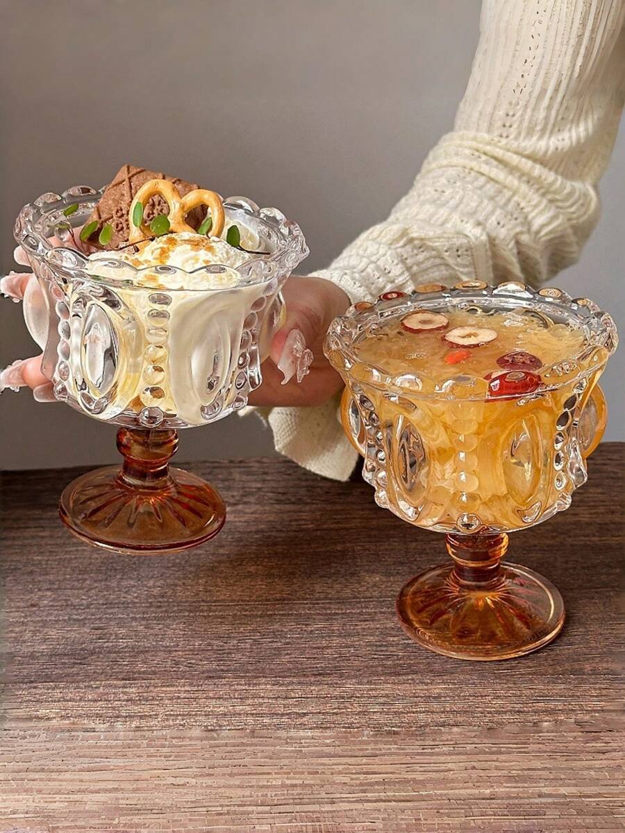 1 pieza Taza con base marrón vintage con relieve, taza de cristal para helado y postre, vaso de cristal de estilo europeo con pie alto, taza de cristal de alta calidad