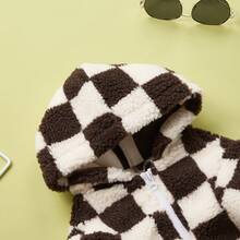 1pc Chocolate Plaid Sherpa Zip-Up Hoodie Pet Jacket Coat, Suitable For Small/Medium Cats & Dogs, Autumn/Winter