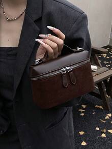 全新哑光拼布迷你手提包斜挎包手机袋，时尚通勤包 - 咖啡 - 查看 8