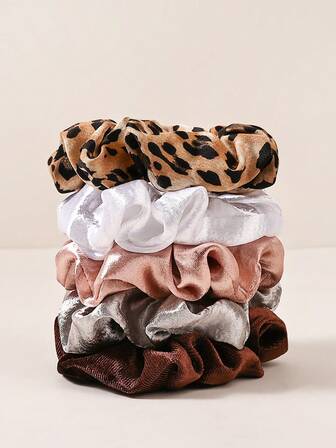 5 piezas de Scrunchies de satén con estampado retro de leopardo de unicolor, cómodos, suaves y amigables con el cabello, adecuados para el uso diario casual de las mujeres