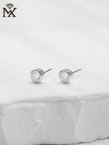 1 Pair 925 Sterling Silver Minimalist Round Cubic Zirconia Stud Earrings, Suitable For Daily Wear