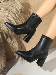 秋冬季女式时尚尖头漆皮百搭中筒粗跟靴 - 黑色 - 查看 5