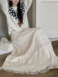 2026 Spring Women's French Lace Layered Brushed Ruched Ruffled Hem Flared Skirt - Apricot - View 9