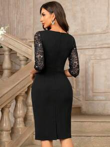 MIUSOL Klassisches Cocktailkleid mit V-Ausschnitt, Pailletten, Blumenspitze, Rüschenkragen, 3/4-Ärmeln und figurbetontem Schnitt