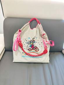 1件時尚刺繡單車女孩托特包，卡通圖案，輕量尼龍，大容量，可折疊抽繩開口購物袋 - 彩色 - 查看 7