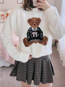 Women's Autumn And Winter New Knitted Round Neck Little Bear Pattern Pullover Sweater Casual Simple Cute Fall Streetwear New Year
