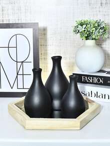 Kit 4 Peças Trio de Vasos de Ceramica + Bandeja Espelhada Rustica Conjunto Decorativo Artesanal Colorido Enfeite Moderno Ideal para Presentear Objeto Estilo Nordico Decoração de casa sala cozinha Aparador Rack Escritorio Prateleira arranjo artificial - Preto liso - Visão 3