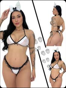 Sexy Bunny Set With Thong Sexy Lingerie Mini Easter Costume - Đen và trắng - Xem 5