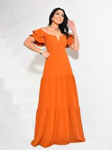 Long Off-The-Shoulder Dress With Ruffles, V-Neckline, Elegant, Charming Sleeves - Naranja Quemada - Ver 1