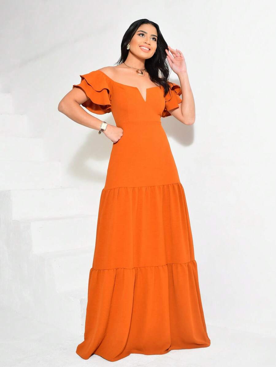 Long Off-The-Shoulder Dress With Ruffles, V-Neckline, Elegant, Charming Sleeves - Naranja Quemada - Ver 1