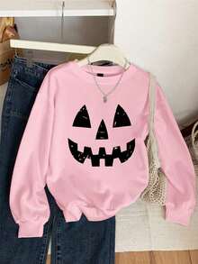 Sudadera para mujer estampado Halloween día de brujas cara calabaza tierna cuello redondo y puños estampado  calientita para el frio invierno otoño primavera - Rosa - Ver 1