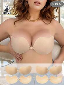 2 双加大码自粘式胸罩，聚拢无肩带自粘式低胸胸罩，隐形露背自粘式胸罩 - 适合连衣裙、婚纱和日常穿着