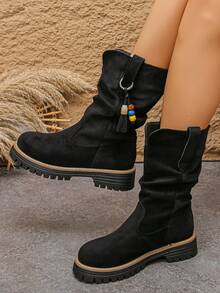 بوت نسائية موضة، بوت سميكة الأربطة، بوت كاحل غربية بلون واحد مزينة بالخرز، للعطلات