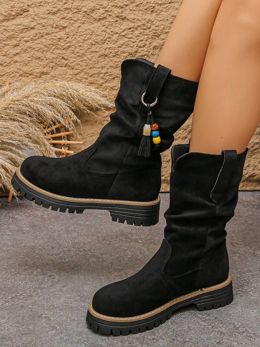 بوت نسائية موضة، بوت سميكة الأربطة، بوت كاحل غربية بلون واحد مزينة بالخرز، للعطلات