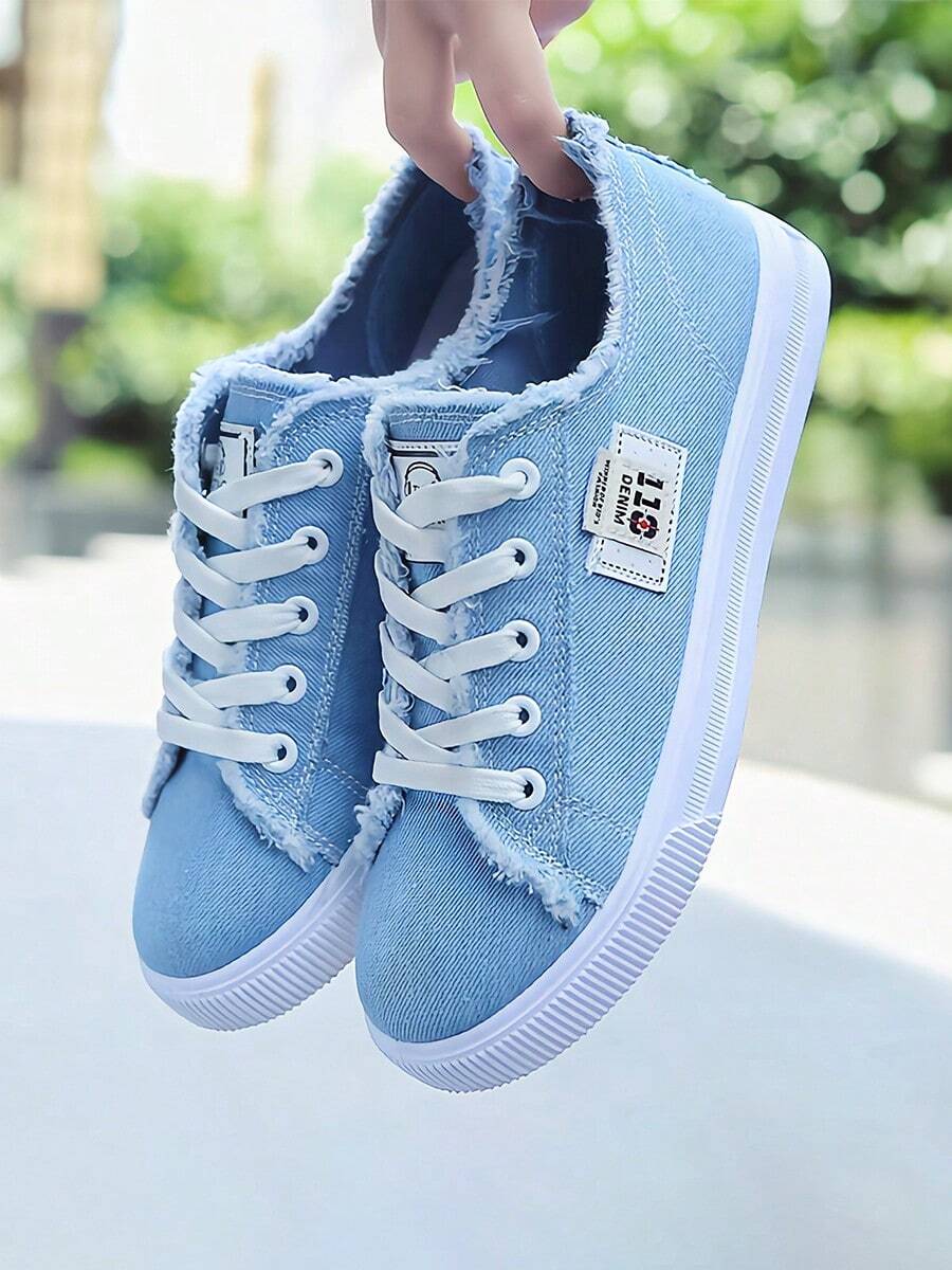Women's Lightweight Canvas Flat Shoes With Lace-Up Design On The Front And Number Pattern On The Side, Women's Blue Shoes, Women's White Shoes, Women's Black Shoes, Suitable For Leisure, Shopping, Walking. It Is Suitable For Daily Wear In Spring And Autumn. - 藍色 - 查看 1