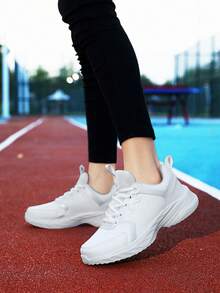 1双女士黑色仿皮运动鞋，2025新款真皮休闲轻便跑步旅行鞋，时尚纯色透气跑步鞋，舒适户外黑色女士运动鞋 - 白色 - 查看 2