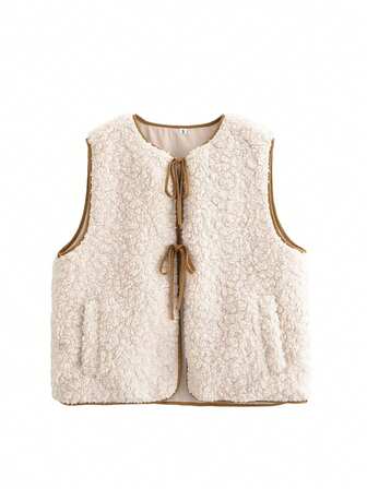 Women's Beige Tie-Up Cropped Top, Warm Fleece Jacket, Fashion Round Neck Blouse For Autumn