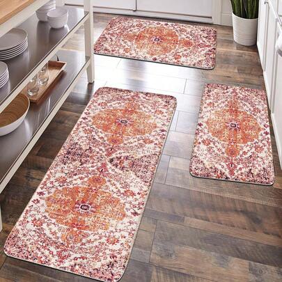 1pc Vintage Floral Pattern Soft Plush Bath Mat, Bathroom Decor, Kitchen Rug, Doormat, Comfortable Surface, Anti-Fatigue Floor Mat, Bohemian Style Home Decoration