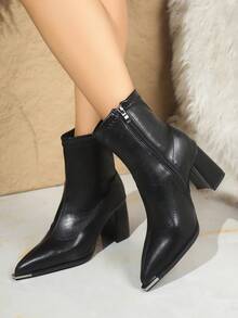 秋冬季女式时尚尖头漆皮百搭中筒粗跟靴 - 黑色 - 查看 8