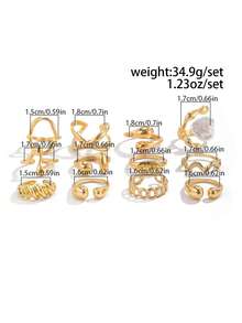 12pcs/Set Creative Fashion Multi-Element Metal Hollow Geometric Liquid Abstract Teardrop Design Open Rings, Vintage Bohemian Baroque Style Faux Pearl Decor Ring Set, Women Fashion Jewelry Set, Suitable For Daily Wear, Beach Vacation And Various Parties [Some Rings Are Open But Not Adjustable, Please Do Not Forcibly Bend Them Otherwise They Will Break, Sizes Are Marked] - Gold - View 5