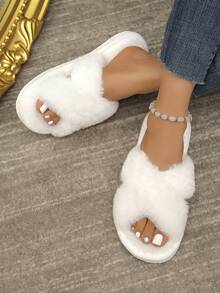 Women's Fashionable Fluffy Slippers, Cross Striped Fluffy Slippers, Soft And Lightweight Indoor Home Slippers, Quiet Carpet Slippers, Open Toed Slippers - White - View 9