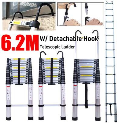 6.2M Aluminum Telescopic Ladder With 2 Detachable Hooks, 20.3FT Aluminum Ladder Heavy Duty Extendable Ladder Multi Purpose Ladder, Sliver