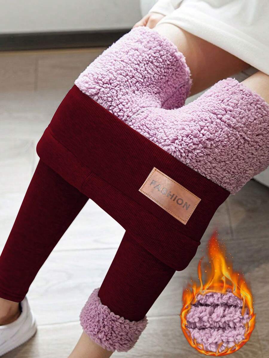 Winter Warm Thermal Lined Leggings, Purple Cloud Faux Fur Patch Skinny Pants - Burgundy - View 1