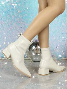 秋冬季5厘米粗跟踝靴和短靴，舒适尖头切尔西靴，2025时尚女鞋 - 米色 - 查看 4