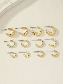 1set/6pairs Fashionable Zinc Alloy Gold Plated Textured Big C-Shaped Hoop Earrings, Suitable For Ladies' Daily Wear In Simple And Cool Style - 金子 - 查看 2