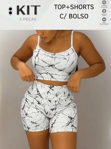 Top And Shorts Set With POCKET Fitness Gym High Waist Double Waistband - Trắng vân đá - Xem 3