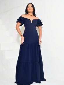 Long Off-The-Shoulder Dress With Ruffles, V-Neckline, Elegant, Charming Sleeves - Azul Marino - Ver 5
