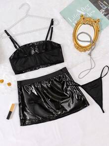 3pcs Sexy Lingerie Set, Includes Chest Strap Bra, Suspender Mini Skirt, And G-String - Black - View 10