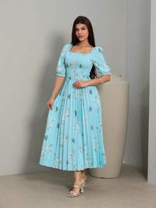 Vestido Midi Feminino estampado crepinho Manga Curto Cintura Alta Plissada